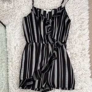 BCBGeneration Black and White Striped Ruffle Romper